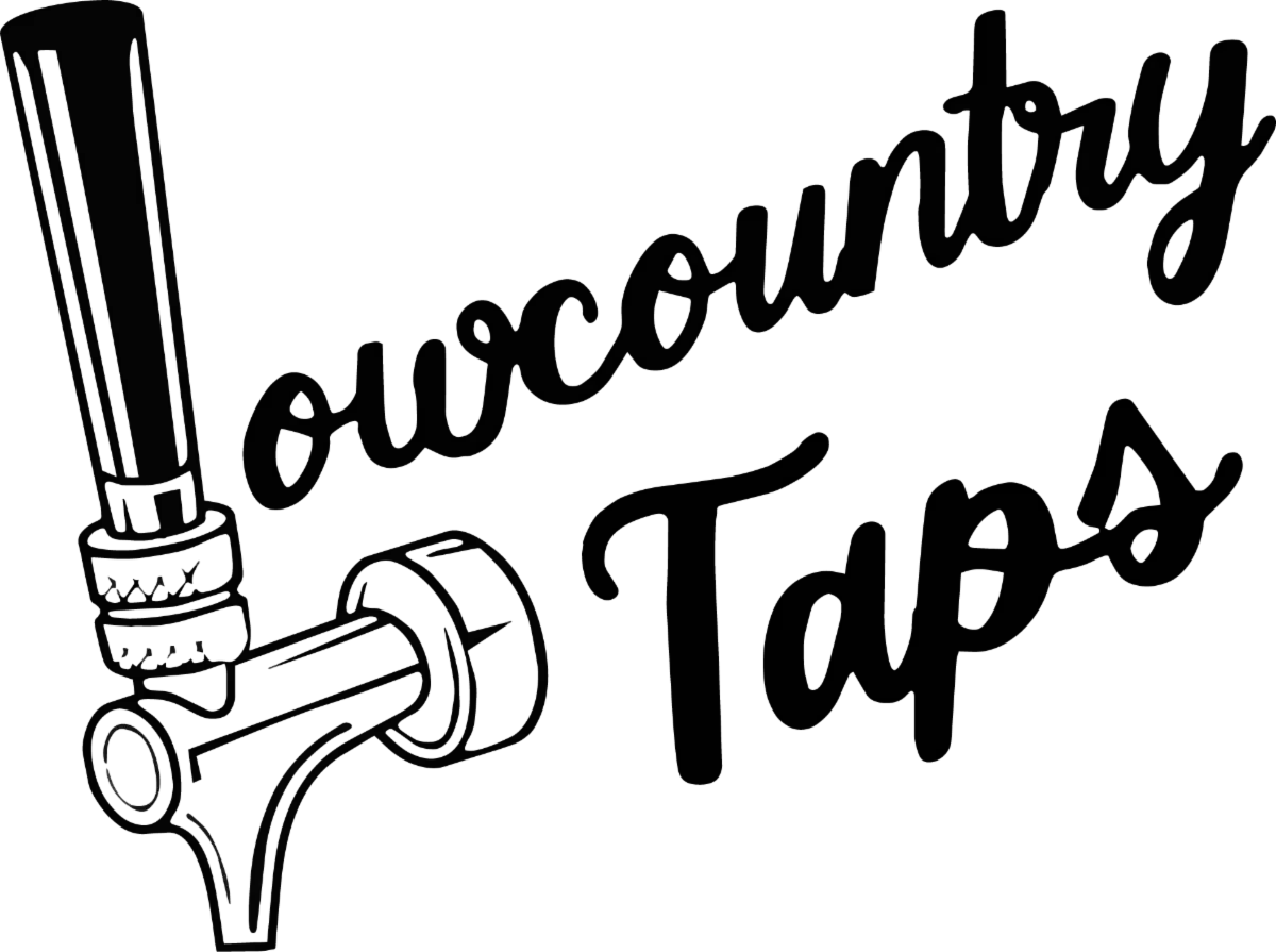 Logo of Lowcountry Taps: the name in black brush script beside a beer tap handle