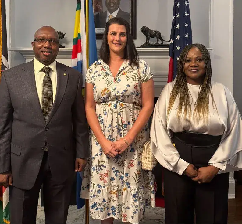 A man in a grey suit and two women, one in a floral dress and one in a white blouse and black skirt, standing in front of flags in an embassy room
