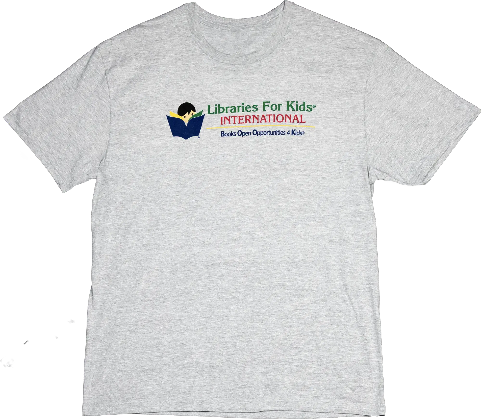 Grey T-shirt with the Libraries For Kids International logo on the chest